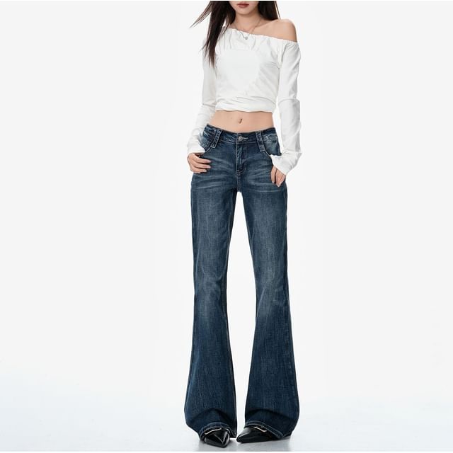 Denimot-Mid Rise Washed Flared Jeans Various Designs