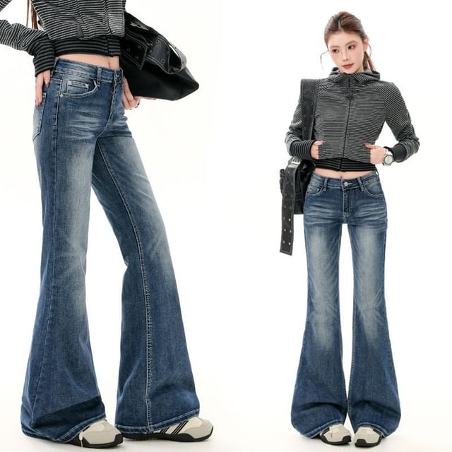 Denimot-Mid Rise Washed Flared Jeans Various Designs