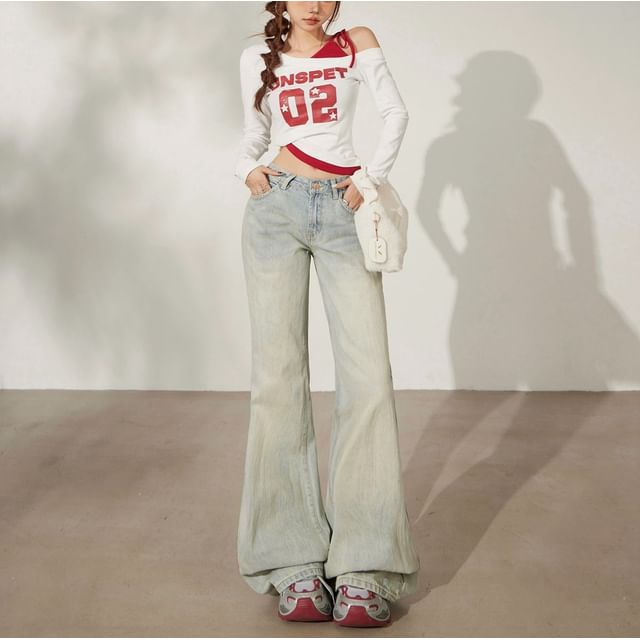 Denimot-Mid Rise Washed Flared Jeans Various Designs