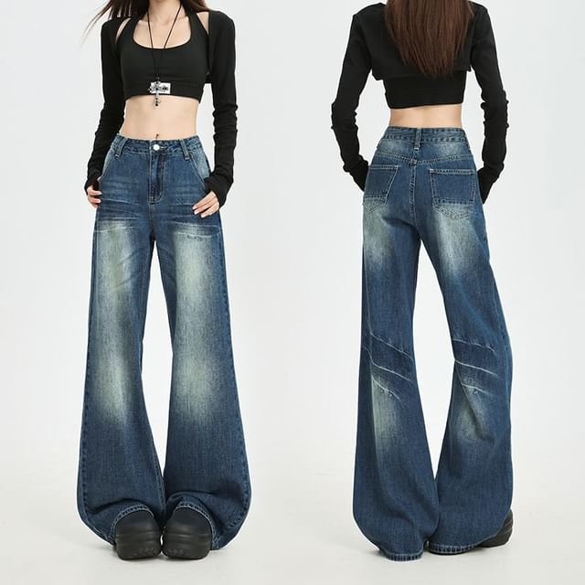 Denimot-Mid Rise Washed Flared Jeans Various Designs