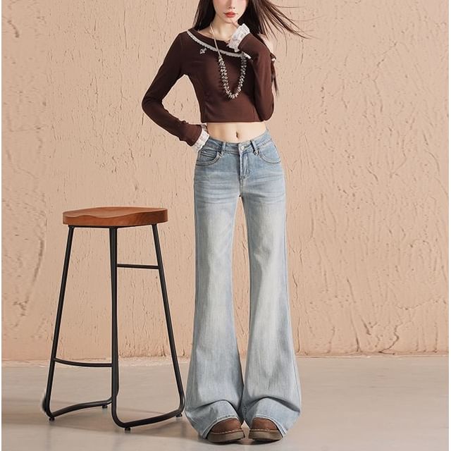 Denimot-Mid Rise Washed Flared Jeans Various Designs