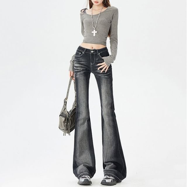 Denimot-Mid Rise Washed Flared Jeans Various Designs
