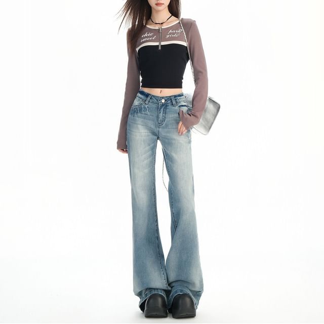 Denimot-Mid Rise Washed Flared Jeans Various Designs