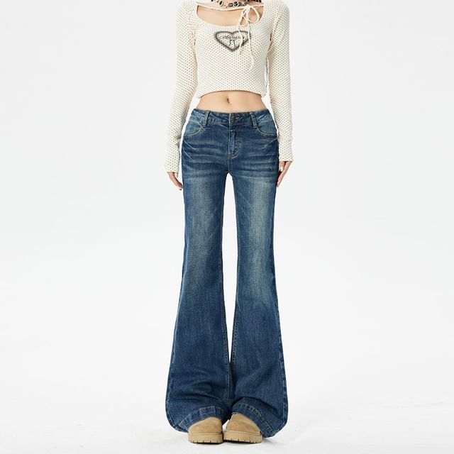 Denimot-Mid Rise Washed Flared Jeans Various Designs