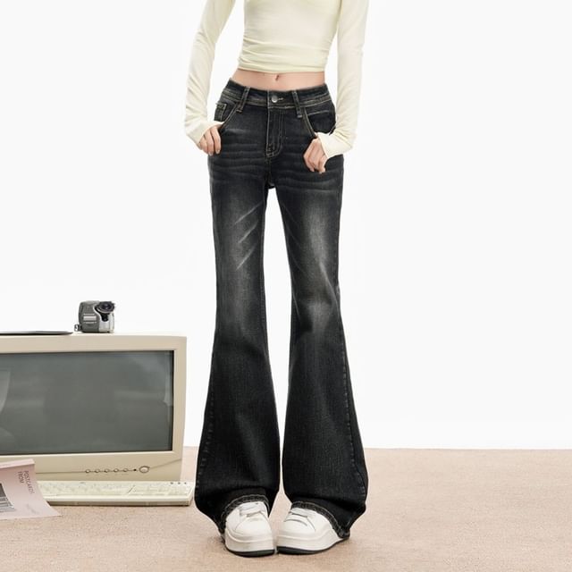 Denimot-Mid Rise Washed Flared Jeans Various Designs