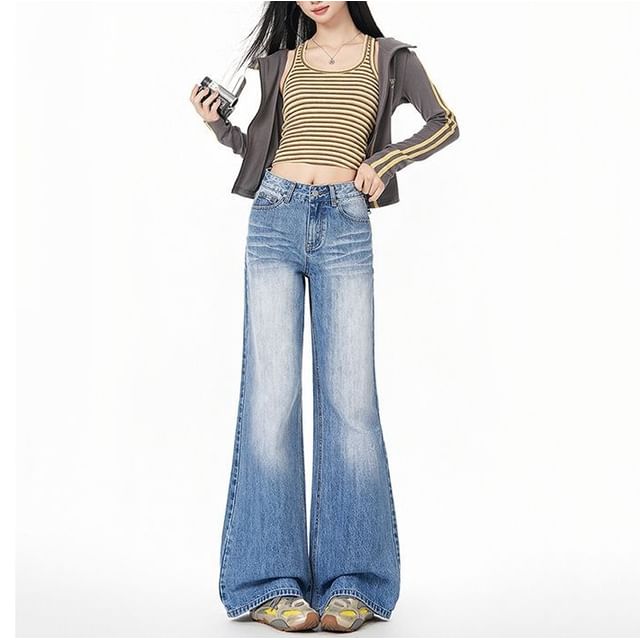 Denimot-Mid Rise Washed Flared Jeans Various Designs