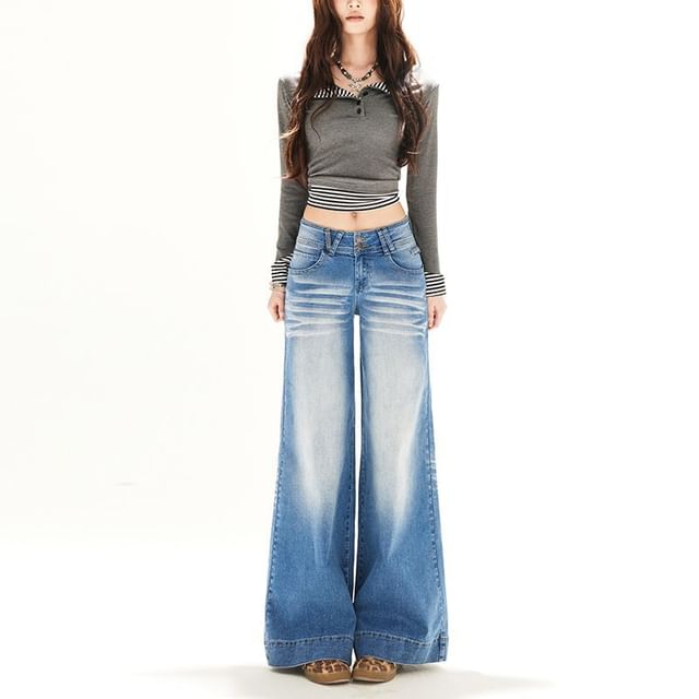 Denimot-Mid Rise Washed Flared Jeans Various Designs