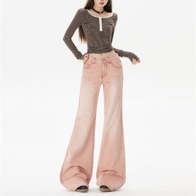 Denimot-Mid Rise Washed Flared Jeans Various Designs