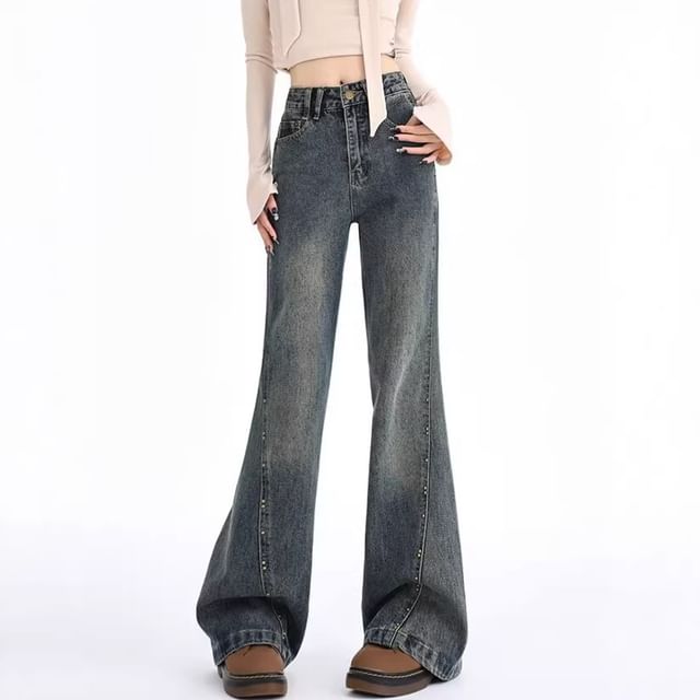 Denimot-Mid Rise Washed Flared Jeans