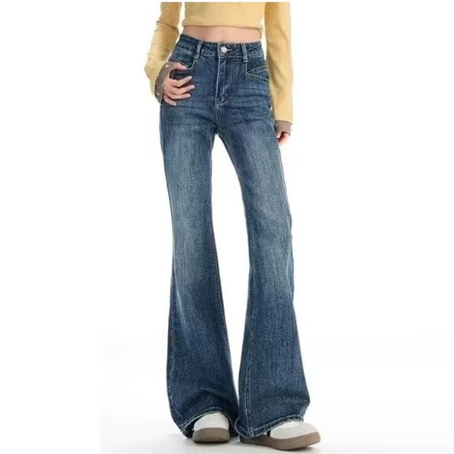 Denimot-Mid Rise Washed Flared Jeans