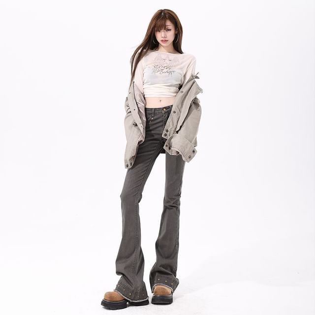 Denimot-Mid Rise Washed Studded Flared Jeans Various Designs