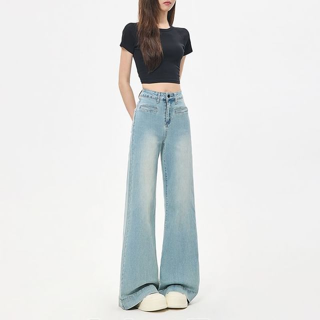 Denimot-Mid Rise Washed Wide Leg Boot Cut Jeans