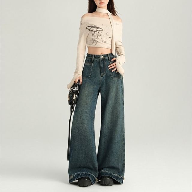 Denimot-Mid Rise Washed Wide Leg Jeans