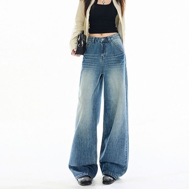 Denimot-Mid Rise Washed Wide Leg Jeans