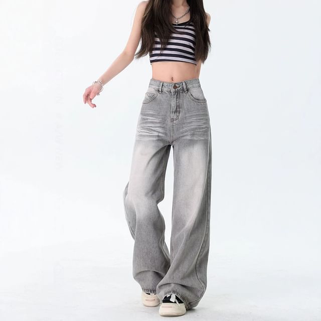 Denimot-Mid Rise Washed Wide Leg Jeans