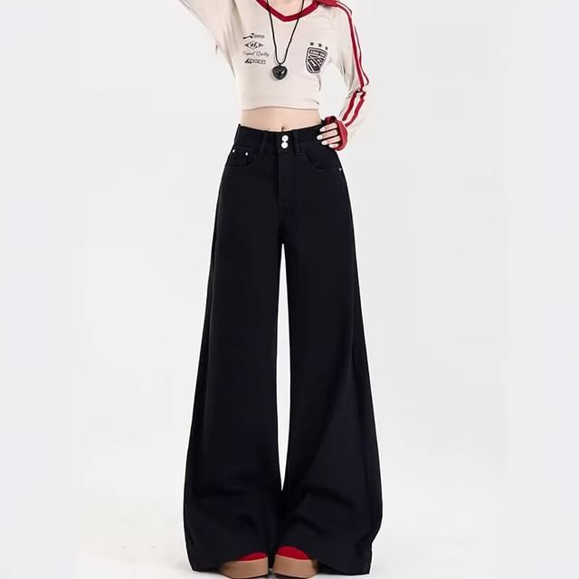 Denimot-Mid Rise Washed Wide Leg Jeans