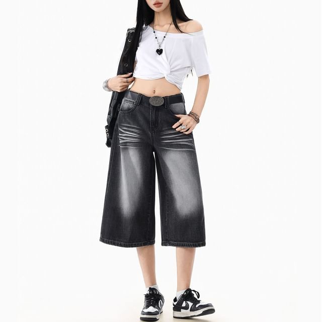 Denimot-Mid Rise Washed Wide Leg Jorts