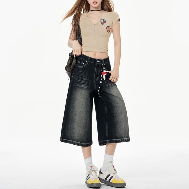 Denimot-Mid Rise Washed Wide Leg Jorts