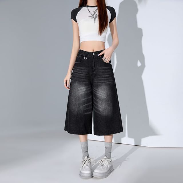 Denimot-Mid Rise Washed Wide Leg Jorts