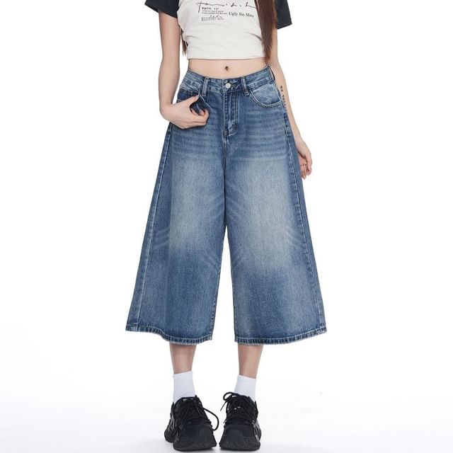 Denimot-Mid Rise Washed Wide Leg Jorts
