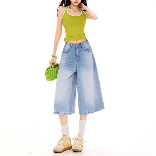 Denimot-Mid Rise Washed Wide Leg Jorts