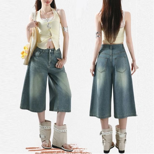 Denimot-Mid Rise Washed Wide Leg Jorts
