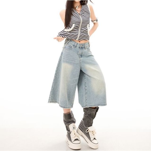 Denimot-Mid Rise Washed Wide Leg Jorts