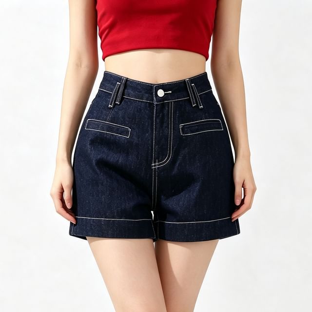 Denimot-Mid Waist Contrast Stitching Denim Shorts