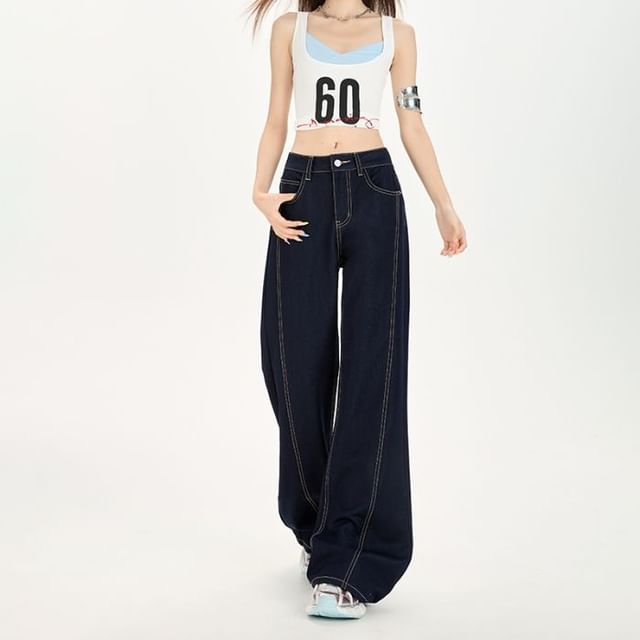 Denimot-Mid Waist Contrast Stitching Flared Jeans Various Designs