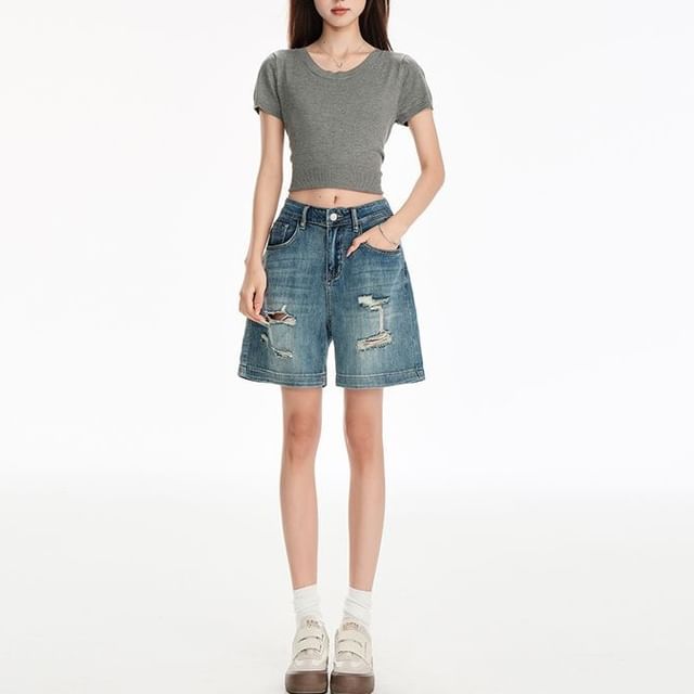 Denimot-Mid Waist Distressed Denim Shorts