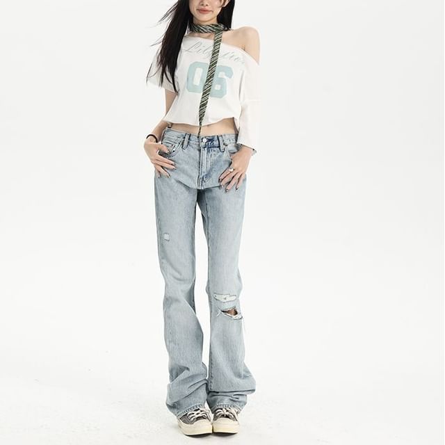 Denimot-Mid Waist Distressed Washed Bootcut Jeans Various Designs
