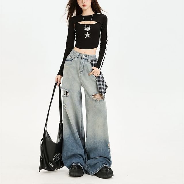 Denimot-Mid Waist Gradient Distressed Baggy Jeans
