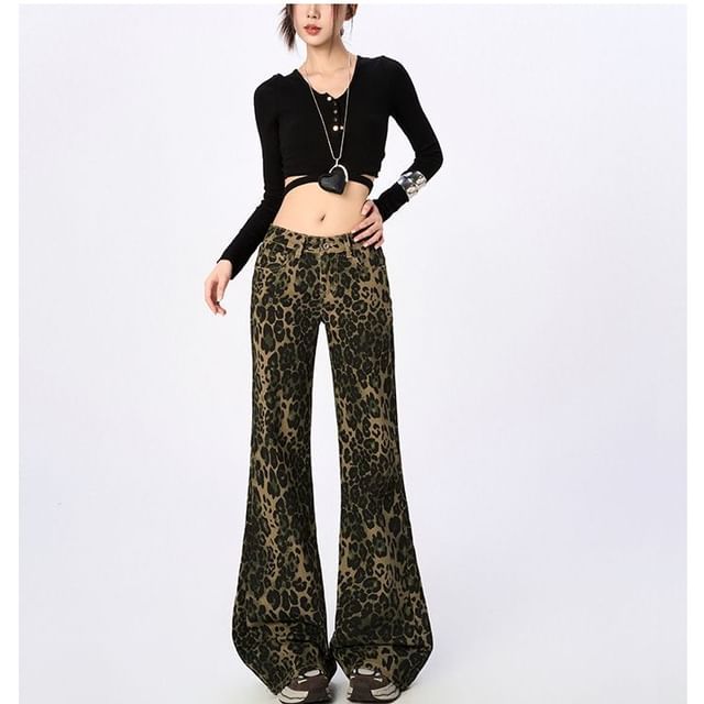 Denimot-Mid Waist Leopard Print Flared Jeans Various Designs