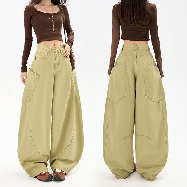 Denimot-Mid Waist Panel Barrel Wide Leg Jeans