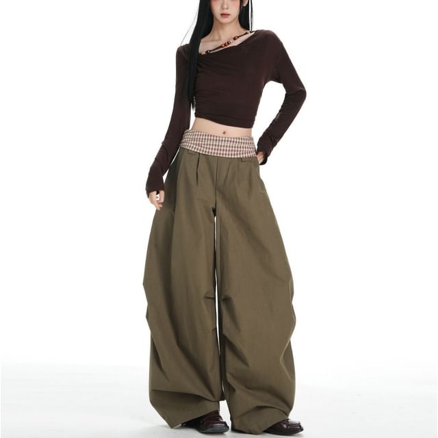 Denimot-Mid Waist Plaid Panel Baggy Pants Various Designs