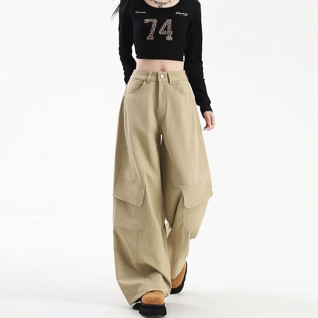 Denimot-Mid Waist Plain Baggy Cargo Pants