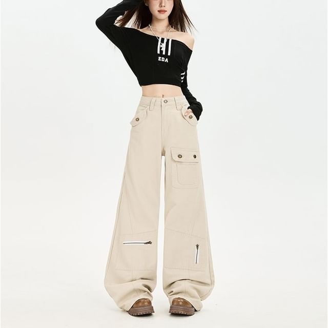 Denimot-Mid Waist Plain Baggy Cargo Pants
