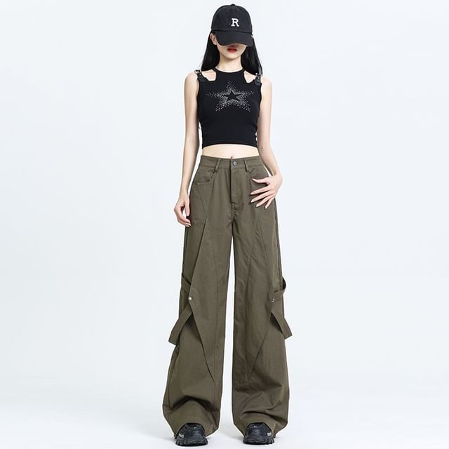Denimot-Mid Waist Plain Baggy Cargo Pants