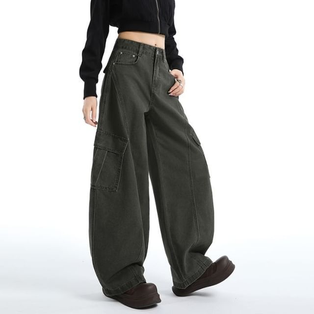 Denimot-Mid Waist Plain Baggy Jeans