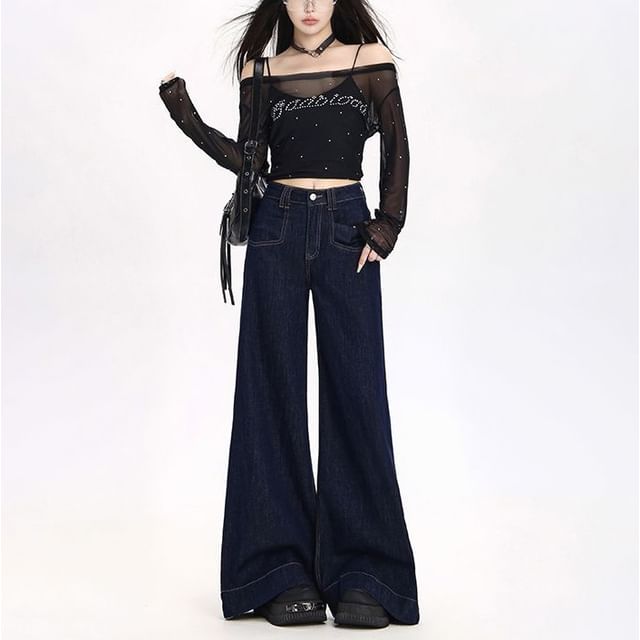 Denimot-Mid Waist Plain Bell Bottom Jeans