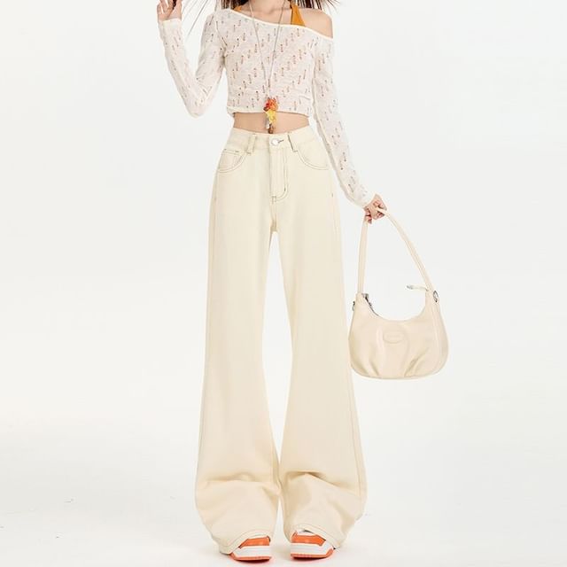 Denimot-Mid Waist Plain Bell Bottom Jeans Various Designs