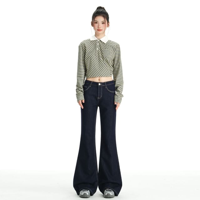 Denimot-Mid Waist Plain Bell Bottom Jeans Various Designs
