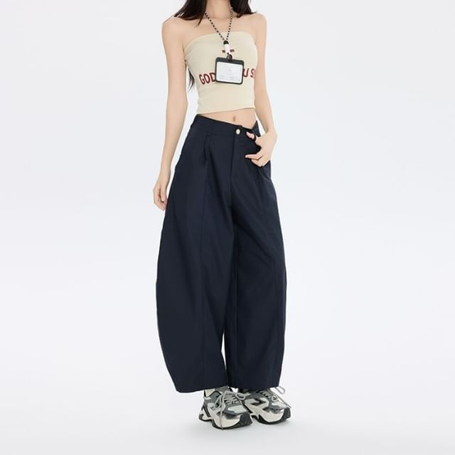 Denimot-Mid Waist Plain Cropped Baggy Pants