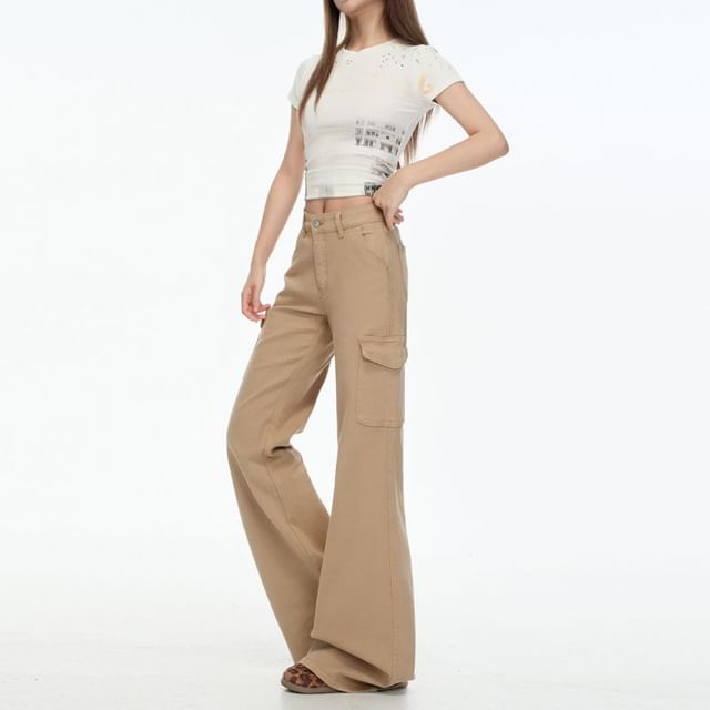 Denimot-Mid Waist Plain Flared Cargo Jeans Various Designs