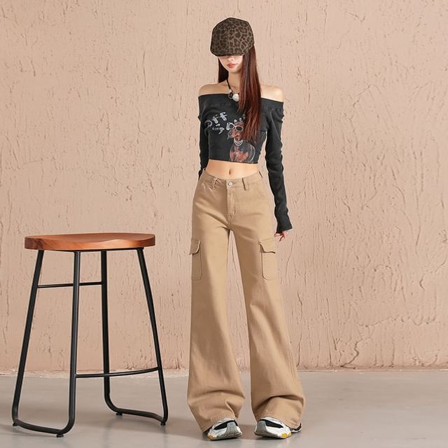 Denimot-Mid Waist Plain Flared Cargo Jeans Various Designs