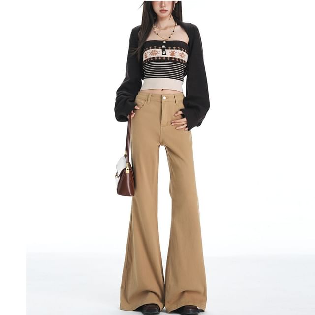 Denimot-Mid Waist Plain Flared Jeans