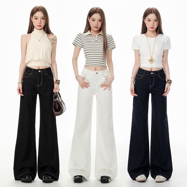 Denimot-Mid Waist Plain Flared Jeans Various Designs