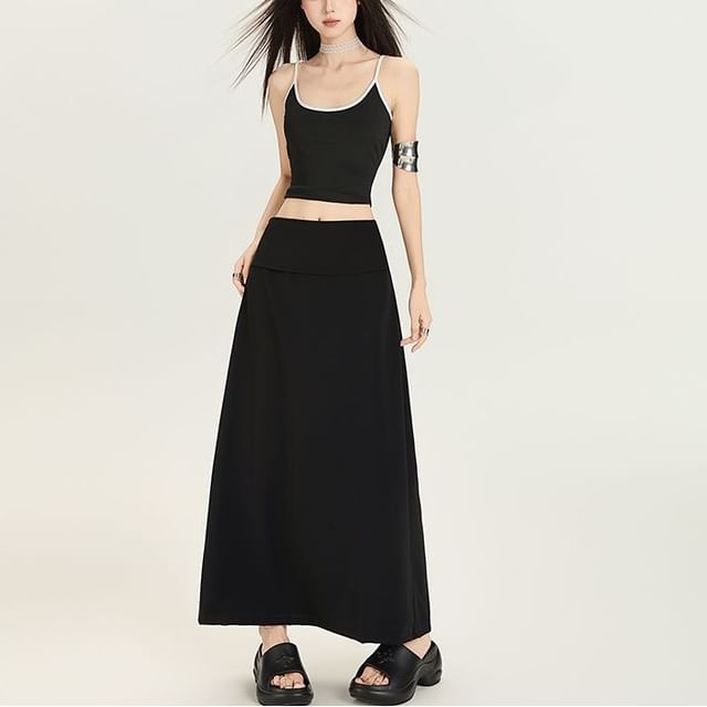 Denimot-Mid Waist Plain Maxi A-Line Skirt