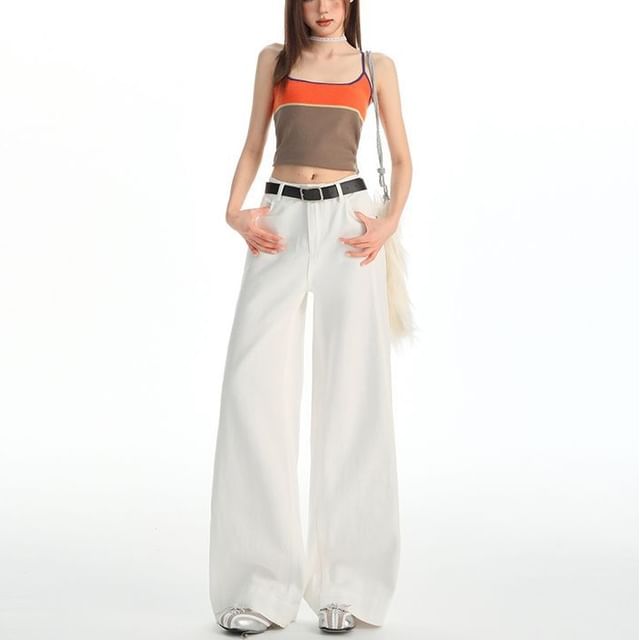 Denimot-Mid Waist Plain Wide Leg Jeans