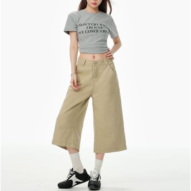 Denimot-Mid Waist Plain Wide Leg Jorts